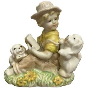 Vintage Boy With Puppies Reading Figurine Made In Japan Hand Painted 4 1/4" Tall